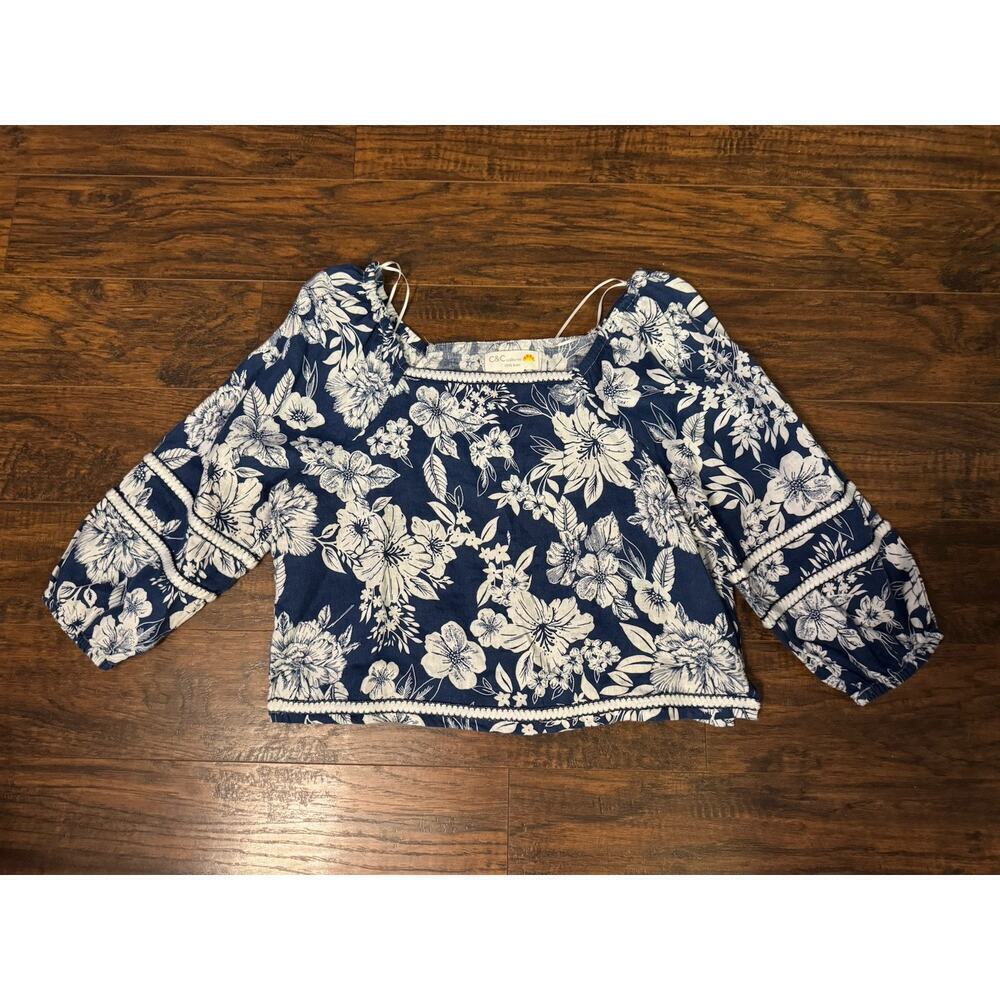 Tahari Women’s Blue & White Floral 100% Linen Cropped Blouse Top - Size Medium